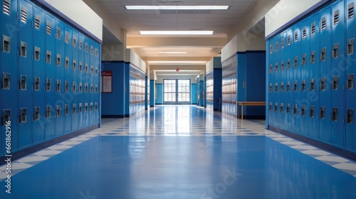 Empty school hallway with royal blue metal lockers along both sides of the hallway photo