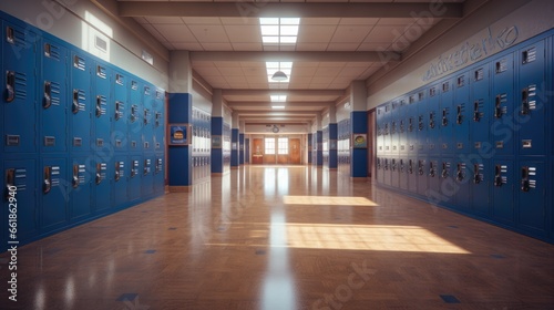 Empty school hallway with royal blue metal lockers along both sides of the hallway photo
