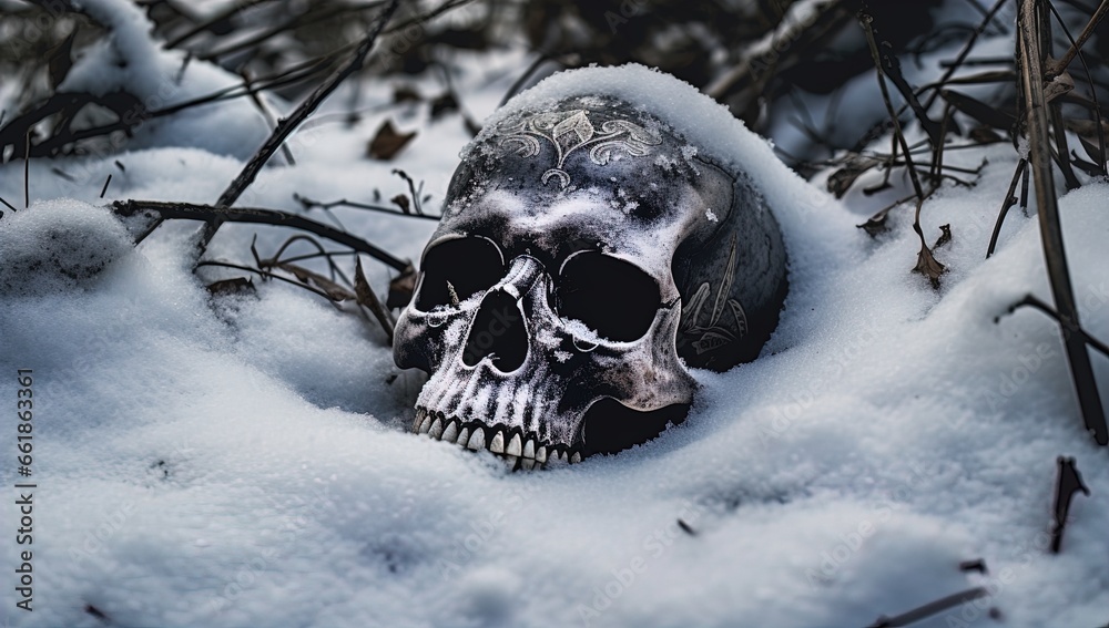 A skull buried in the snow. Great for stories on crime, history, archaeology, rituals, shamanism, mysteries and more. A skull buried in the snow. Great for stories on crime, history, archaeology, rituals, shamanism, mysteries and more.