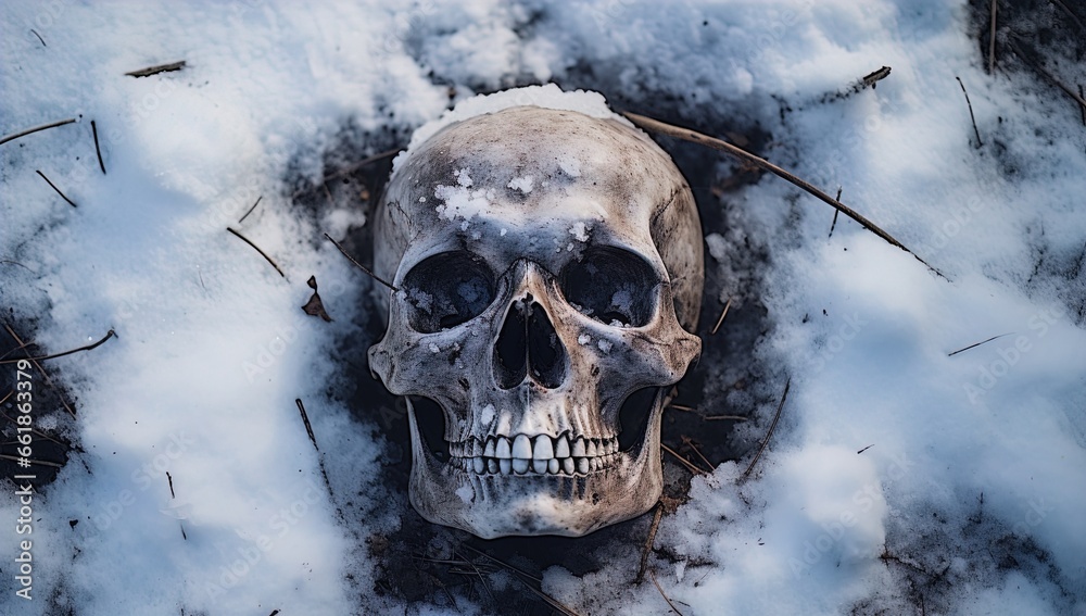 A skull buried in the snow. Great for stories on crime, history, archaeology, rituals, shamanism, mysteries and more.