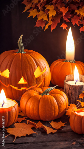 Fall leaves and pumpkins with candles for the Halloween holiday. Fall pumpkins with Halloween candles , generated AI.