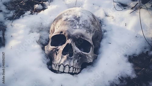 A skull buried in the snow. Great for stories on crime, history, archaeology, rituals, shamanism, mysteries and more.