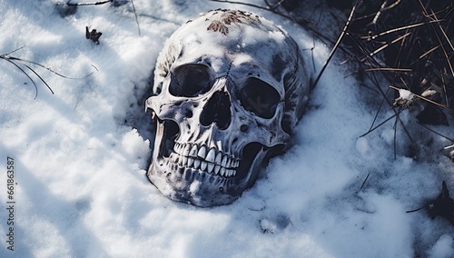 A skull buried in the snow. Great for stories on crime, history, archaeology, rituals, shamanism, mysteries and more.