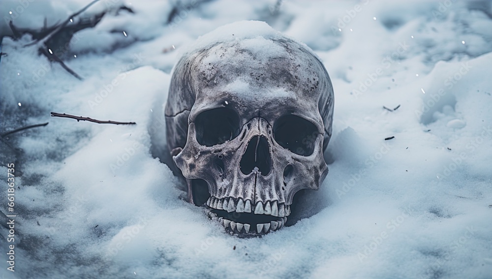 A skull buried in the snow. Great for stories on crime, history, archaeology, rituals, shamanism, mysteries and more. A skull buried in the snow. Great for stories on crime, history, archaeology, rituals, shamanism, mysteries and more.