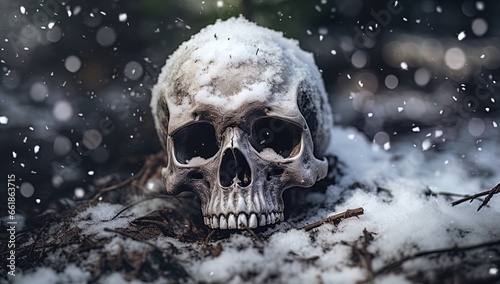 A skull buried in the snow. Great for stories on crime, history, archaeology, rituals, shamanism, mysteries and more.