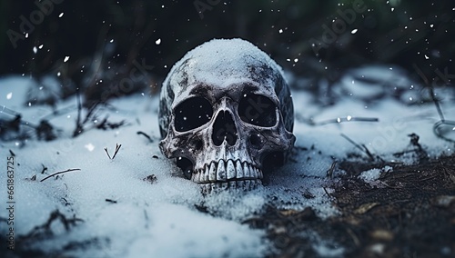 A skull buried in the snow. Great for stories on crime, history, archaeology, rituals, shamanism, mysteries and more. photo