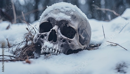 A skull buried in the snow. Great for stories on crime, history, archaeology, rituals, shamanism, mysteries and more.