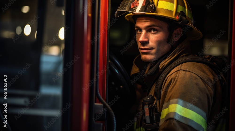 Portrait of a firefighter next to a fire engine