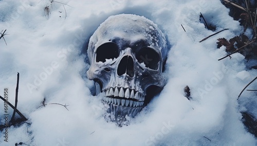 A skull buried in the snow. Great for stories on crime, history, archaeology, rituals, shamanism, mysteries and more.