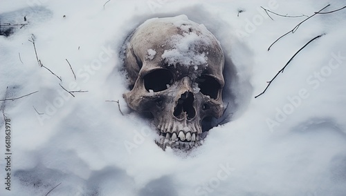 A skull buried in the snow. Great for stories on crime, history, archaeology, rituals, shamanism, mysteries and more.