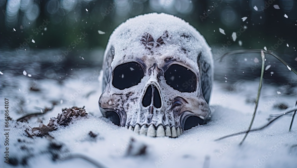 A skull buried in the snow. Great for stories on crime, history, archaeology, rituals, shamanism, mysteries and more. A skull buried in the snow. Great for stories on crime, history, archaeology, rituals, shamanism, mysteries and more.