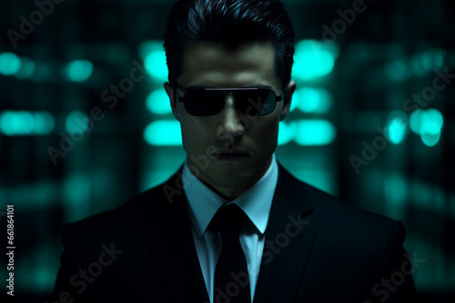 A somber gentleman, adorned in green-blue business suit, strikes resolute and determined pose amidst the neon glow of green light blue lights in low light environment. Generative AI.