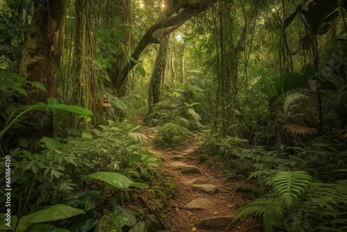 Enigmatic dense rainforest full of unusual foliage. Background: a stunning trail through the untamed forest. A lush tropical Eden. Generative AI