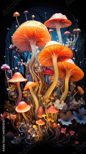 A group of mushrooms sitting on top of a lush green field. AI image.