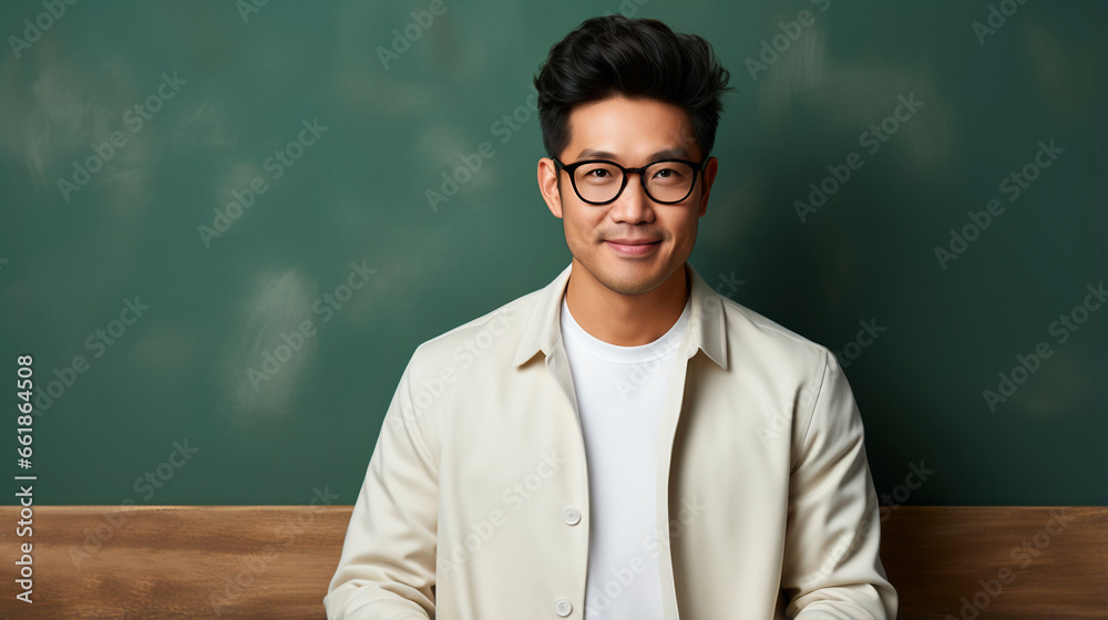 Portrait of teacher standing in front of green school blackboard. Asian man in classroom teaching students dressed in white and with glasses. Background with copy space. Education and school concept. 