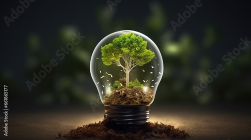 lightbulb tree with sunlight on soil. concept save world and energy power.