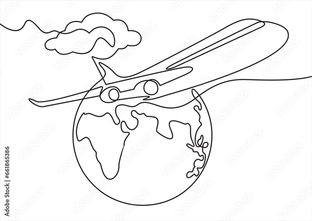 One continuous line drawing of Earth globe with airplane. Flight route ...