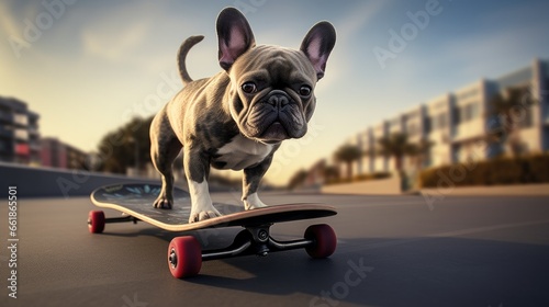 French bulldog standing on the longboard © Fly Frames