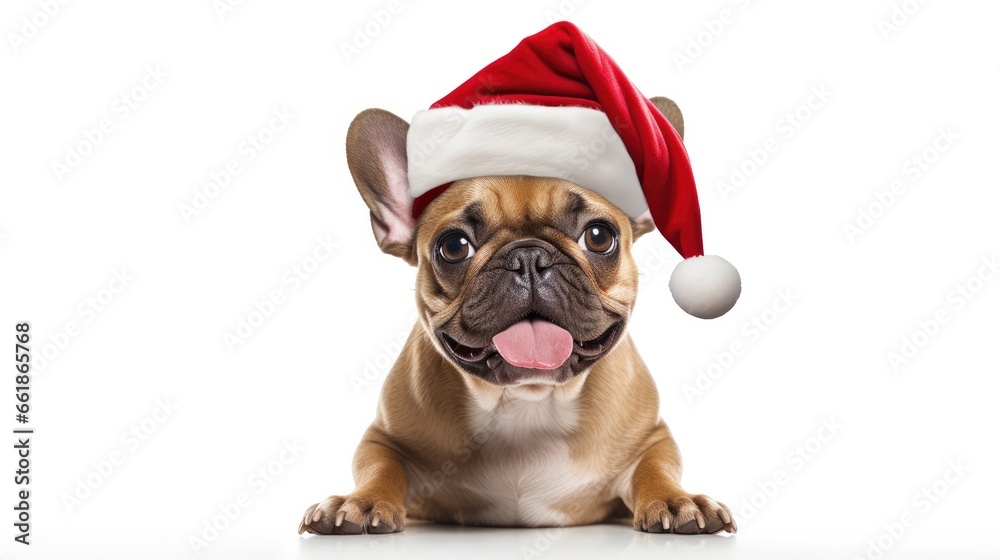 Funny dog wearing in red Santa hat isolated on white background