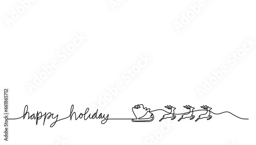 santa claus, sinterklass with carriage and happy holiday letter line art vector, christmas greeting card, invitation, background