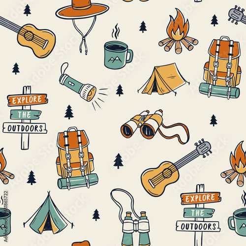 Hand-drawn camping elements seamless pattern. Camping background. Camping doodle illustration. Vector illustration. Seamless pattern with cartoon camp bags, guitars, mugs, and Camping tents.