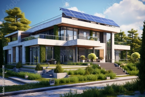 Modern house with large solar panels, light tiles, green stucco, and lush lawn. Generative AI