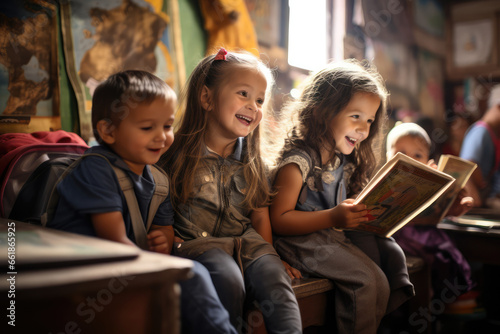 kids reading book in a kindergarten school