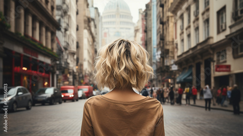 Close-up rear view of a blonde woman with a shiny wavy short hairstyle against a European street background.
