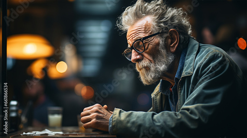 lonely gray-haired and sad old man sitting in a bar on a blurred background. loneliness concept