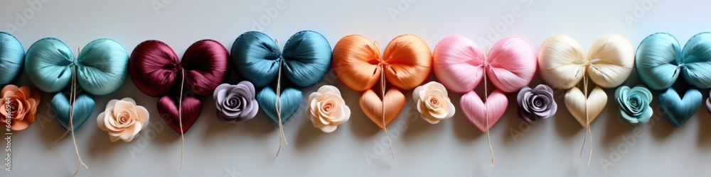 A row of multicolored fabric flowers on a white wall. AI image. Valentine's day banner. A row of multicolored fabric flowers on a white wall. AI image. Valentine's day banner.