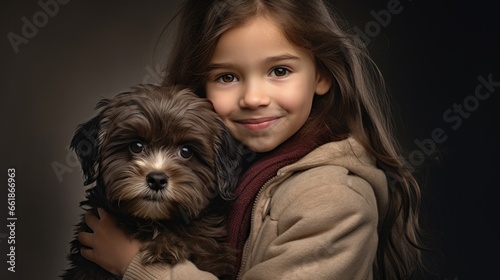 Happy little girl holding puppy