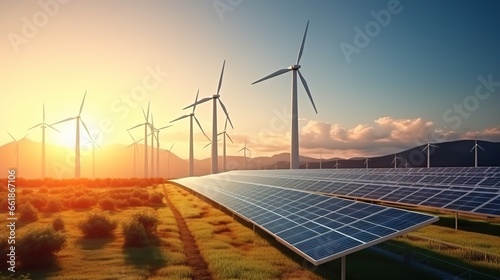clean energy concept, photovoltaic panels and wind turbines in the light of the rising sun.