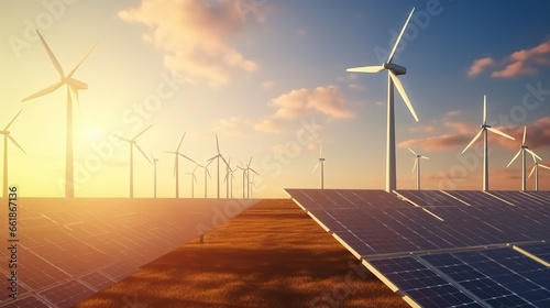 clean energy concept, photovoltaic panels and wind turbines in the light of the rising sun.