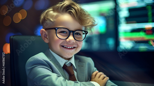 portrait of funny child, young business or investor boy. smiling kid in glasses on stock exchange background