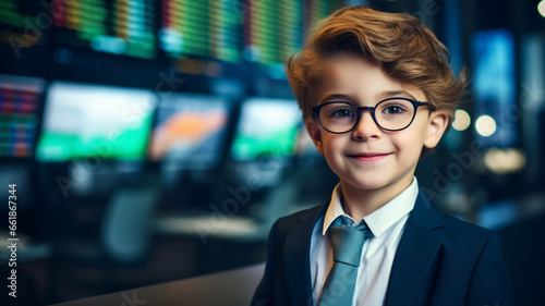 portrait of funny child, young business or investor boy. smiling kid in glasses on stock exchange background