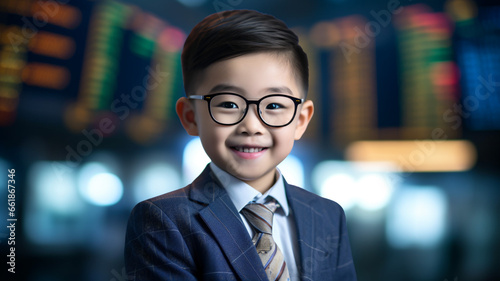 portrait of asia funny child, young business or investor boy. smiling kid in glasses on stock exchange background