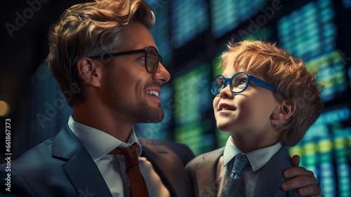 portrait of happy family, smiling father and child in business or investor suit, learning about saving and investing