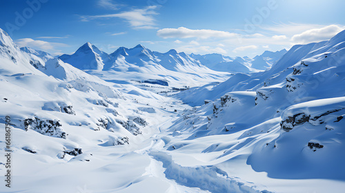 A landscape of snowy mountains