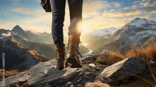 Hiking boots view of male hiker in the sunset photo