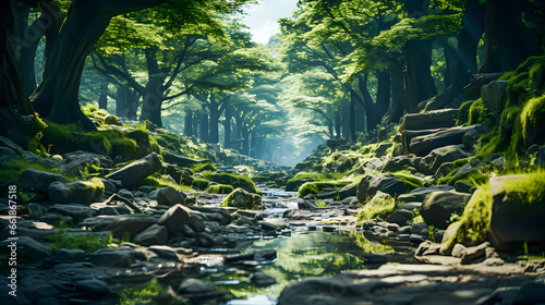 A mountainous landscape through which a river runs