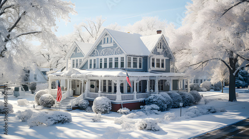 A house with the American flag in a winter landscape.