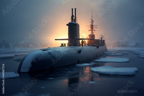 A dramatic military submarine moving in the arctic's icy waters. Generative AI