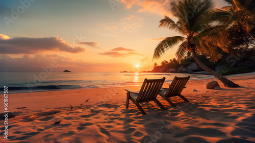 Two empty lounge chairs side by side at sandy beach during tropical sunset