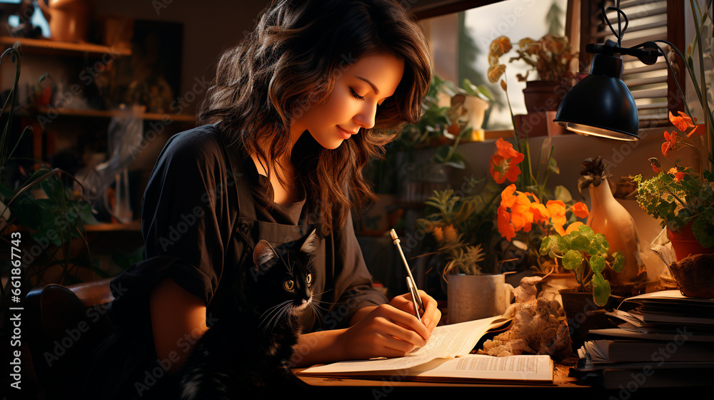 beautiful young woman in the autumn interior with cat