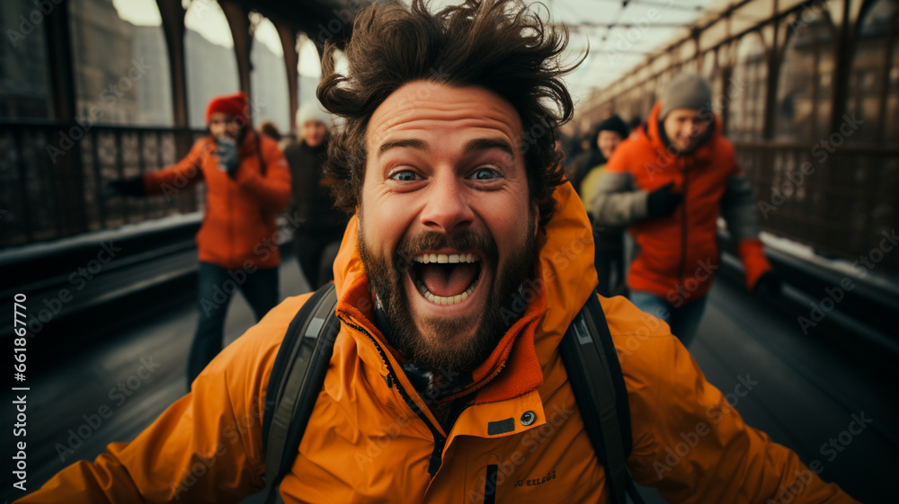 happy bearded hipster man in jacket and hat with red jacket in the winter happy bearded hipster man in jacket and hat with red jacket in the winter
