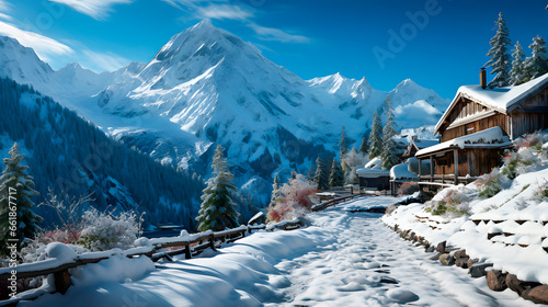 A mountain cabin in a snowy landscape
