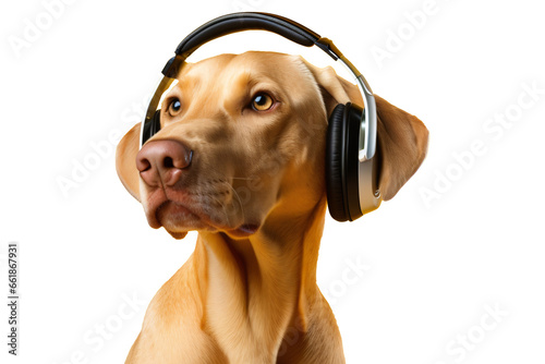 dog listening to music from earphones  transparent background