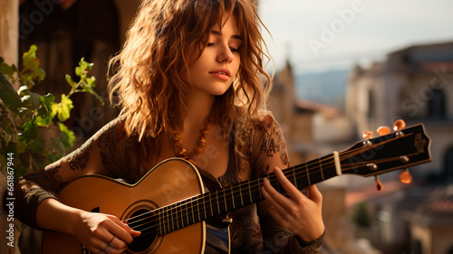 girl with guitar at sunset