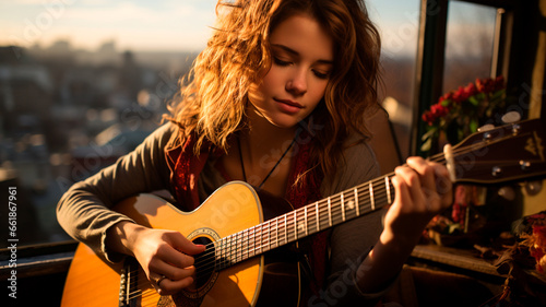 girl with guitar at sunset