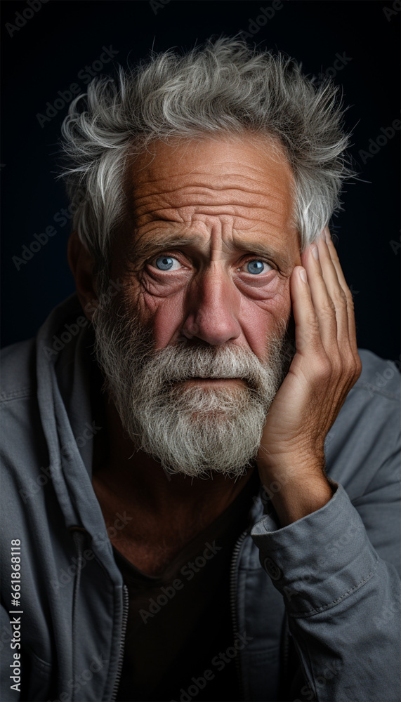 sad elderly gray-haired man holding his head. emotions of fatigue and confusion. Mental and physical health. sad elderly gray-haired man holding his head. emotions of fatigue and confusion. Mental and physical health.